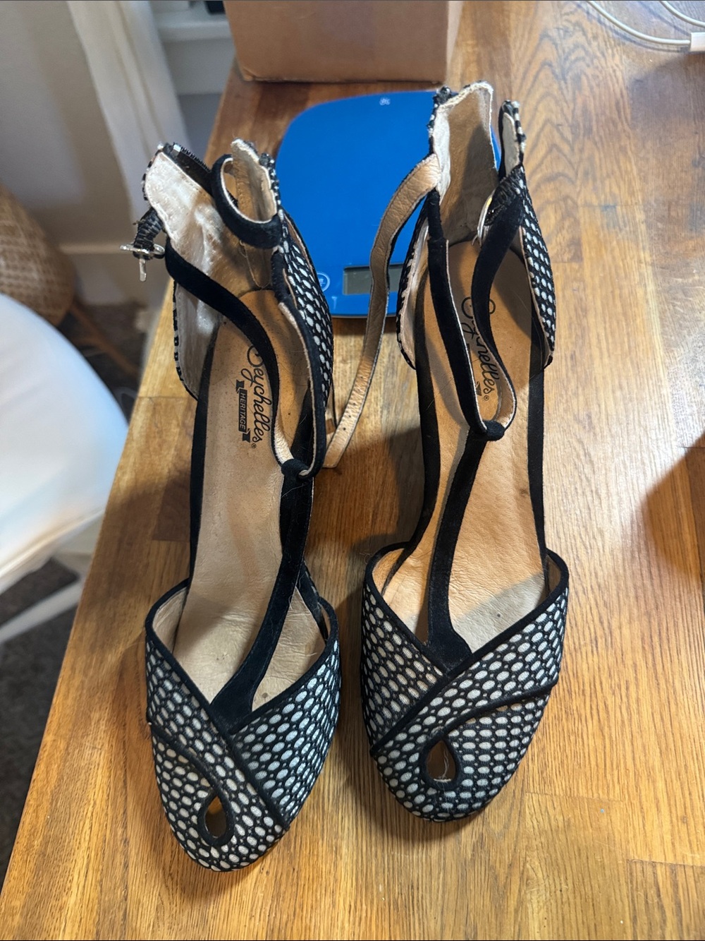 Seychelles Black and White Mesh T-Strap Heels